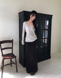Ruden Pleated Print U-Neck Long Sleeve T-Shirt