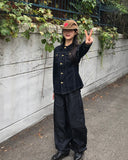DB Studded Chin Pocket Balloon Fit Wide Denim Long Pants