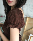 Kiaco Heart Neck Puff Ribbon Punching Short Sleeve Blouse