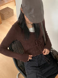 Nakky Vintage V-Neck Ribbon String Punching Ribbed Crop Long Sleeve Knit