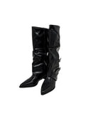 Double Buckle Shirred Stiletto Long Boots