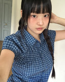 Rehue Check Shirring Banding Puff Short Sleeve Blouse