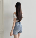 Lovely Hip Shoulder Ribbon Banding Off-shoulder Short Sleeve Blouse
