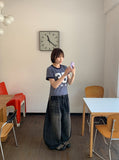 [unisex] Balon Lettering Washing Denim Black Blue Balloon Wide Pants