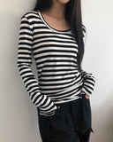 Juka Striped U-Neck Long Sleeve T-Shirt