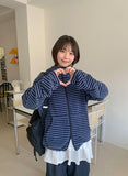 [unisex] Konekin two-way striped over knit hooded zip-up