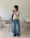 Tzuiti Cat Washing Light Blue Wide Denim Pants