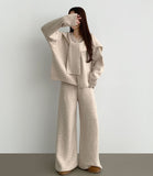 Shawl V-Neck Knit Long Wide Banding Pants Three Piece Wool Two Piece Set