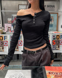 Tees Rib Button Unbalance Shoulder Long Sleeve