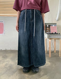 Hureun Summer String Washed Denim Slit Long Skirt