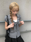 Ession Ribbon Puff V-Neck Check Shirt