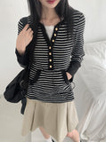 Mihoo Vintage Stripe Button Pocket Long Sleeve T-Shirt