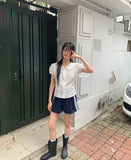 Jenny Round Collar Pin Tuck Lace Puff Short Sleeve Blouse