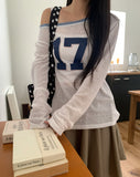 Elune Number Printed One-Off-Shoulder See-Through Long-Sleeve Knit