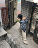 Hanky Stripe One Off Shoulder Overfit Long Sleeve Sweatshirt