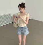 Summer Long Leg Fit A-Line Banding Denim Shorts