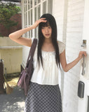 Hana Lace Ribbon Puff Sleeveless Short Sleeve Blouse