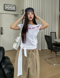 Royal lettering strap unbalanced shoulder short sleeves