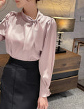 Luan Satin Pintuck Pearl Tie Blouse