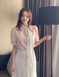 Kain Puff Color Matching Tie-Neck Short Sleeve Blouse