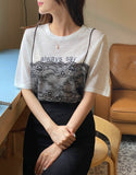 Churing Lace Bustier Lettering Short Sleeve Knit