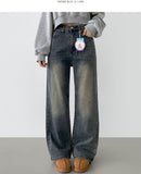 Basic Wide Fit Washing Banding Span Heated Fabric Brushed Denim Pants