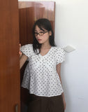 Newon Dot Lace Ribbon Short Sleeve Blouse