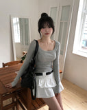 [U-BASIC] Marron Square Neck Slim Long Sleeve