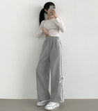 Sporty line ribbon point wide fit banding pants