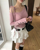 Delitte Stripe Unbalanced Shoulder Long Sleeve