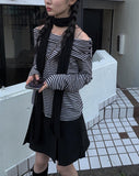 Osen Off-shoulder Stripe Button T-shirt
