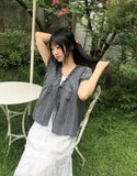Hichu Stripe Frill Lace Ribbon Short Sleeve Blouse