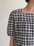 Igets Square Neck Check Short Sleeve Blouse