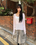 Tenver V-Neck Lace Long Sleeve T-Shirt