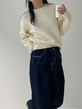 Stitch roll-up wide denim pants