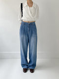 [unisex] Edge Two Tuck Cat Washing Wide Denim Pants