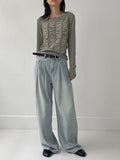 [Belt SET] Stun pin tuck wide denim pants