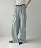 [Belt SET] Stun pin tuck wide denim pants