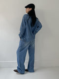 [unisex] Edge Two Tuck Cat Washing Wide Denim Pants