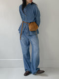 [unisex] Edge Two Tuck Cat Washing Wide Denim Pants