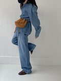 [unisex] Edge Two Tuck Cat Washing Wide Denim Pants
