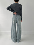[Belt SET] Stun pin tuck wide denim pants