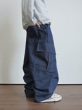 Moikin diagonal cargo raw denim jeans