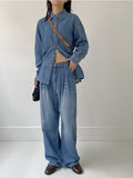 [unisex] Edge Two Tuck Cat Washing Wide Denim Pants