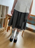 Karohi Sleeve Layered Check Shirring Midi Banding Skirt