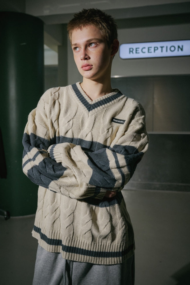 ★CPGN STUDIO_COMPAGNO★ Cable Waffen V-Neck Knit Cream 20240110022010431.jpg?v=