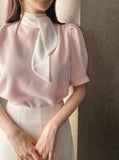 Kain Puff Color Matching Tie-Neck Short Sleeve Blouse