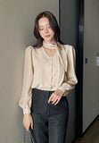 Evette Pearl Tie Puff Blouse
