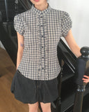Chili Check Frill Puff Short Sleeve Blouse