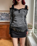 Signal Button Stripe Off-Shoulder Long Sleeve